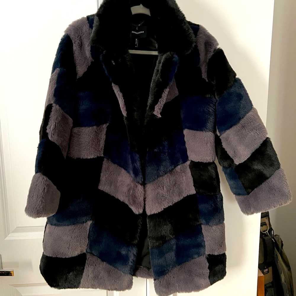 BCBG Multi-Color Patchwork Faux Fur Coat